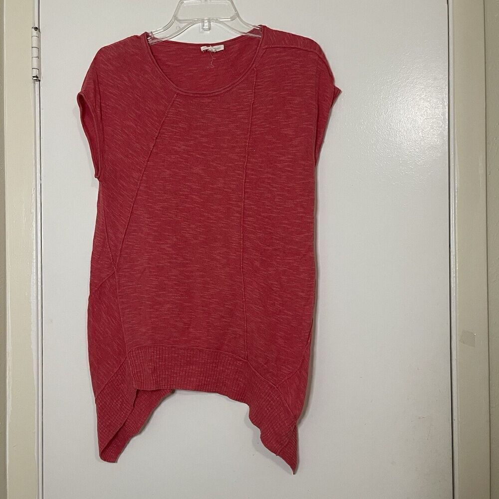 Eileen fisher coral pink linen blend short sleeve knit asymmetric top size small